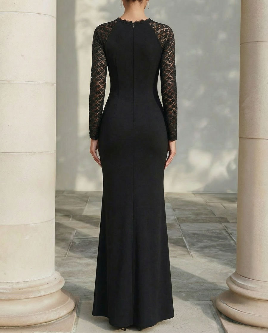 Sheer Sleeve Sculpted Floor-Length Evening Dress