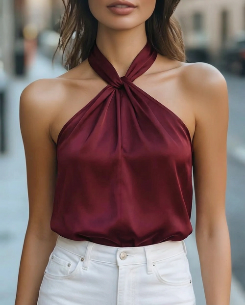 Glossy Halter Sleeveless - Satin Blouse