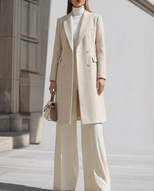 Elegant Cream Longline Blazer And Wide - Leg Pants Set