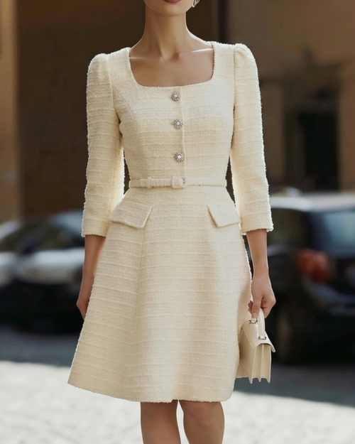 White Tweed Square-Neck Jacket & A-Line Skirt Set