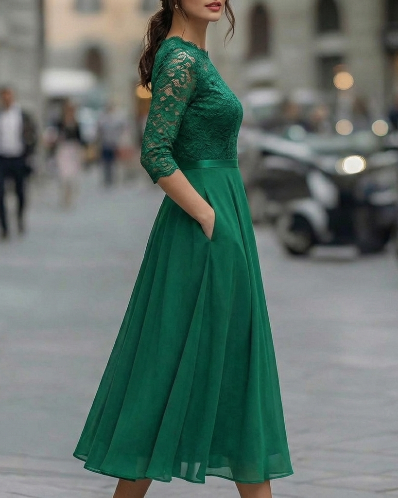 Elegant Lace Bodice Dress with Soft Flowing Skirt