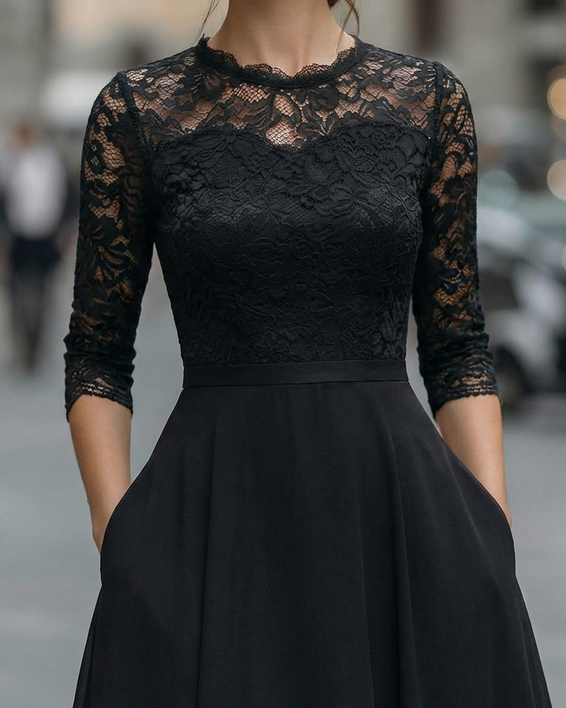 Elegant Lace Bodice Dress with Soft Flowing Skirt