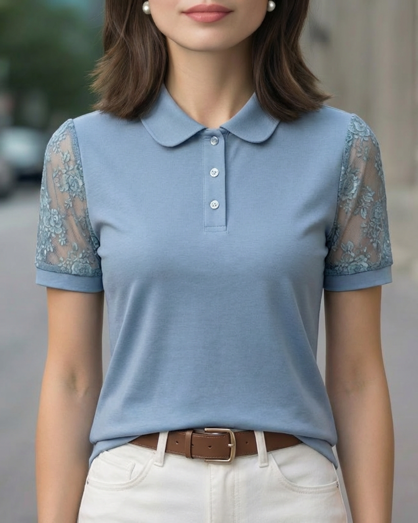 Lace Short Sleeve Blouse With Pointed Collar