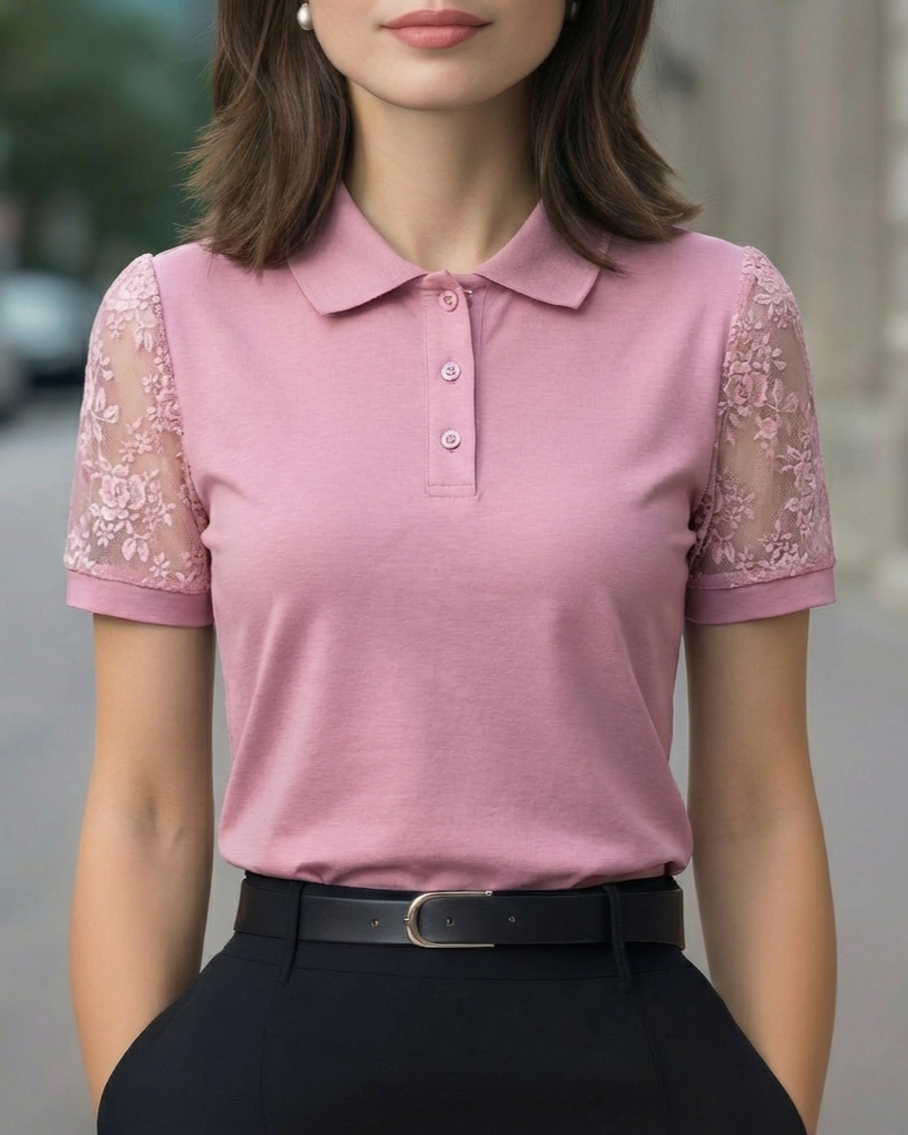 Lace Short Sleeve Blouse With Pointed Collar