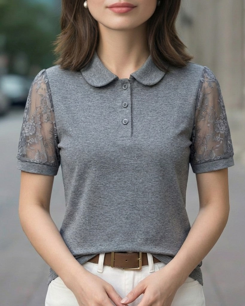 Lace Short Sleeve Blouse With Pointed Collar