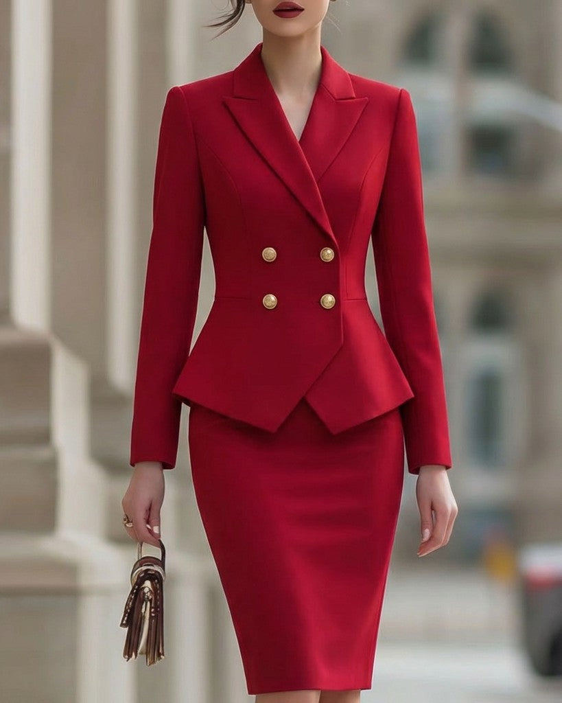 Elegant Double-Breasted Peplum Blazer & Pencil Skirt Set