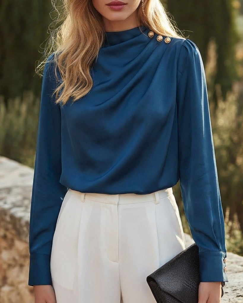 Draped Long-Sleeve Blouse With Gold-Tone Button Detail