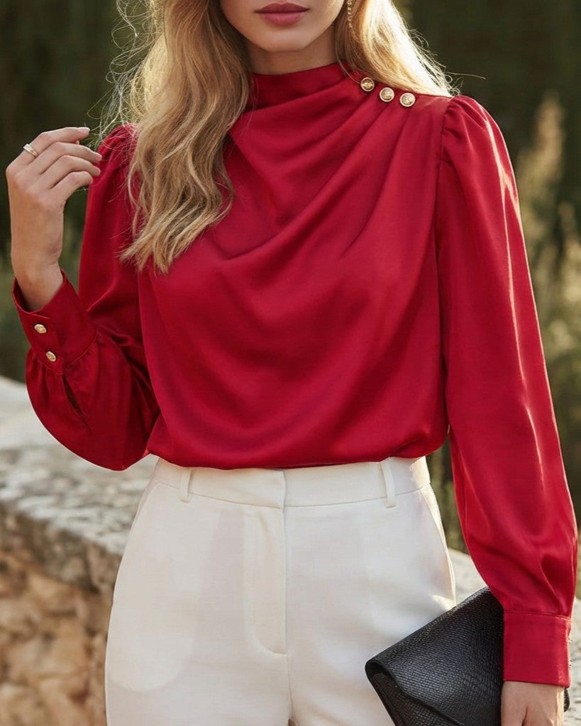 Draped Long-Sleeve Blouse With Gold-Tone Button Detail