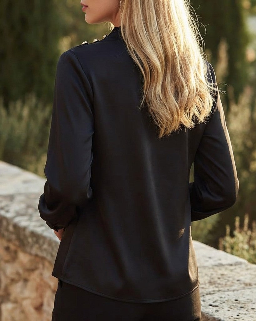 Draped Long-Sleeve Blouse With Gold-Tone Button Detail