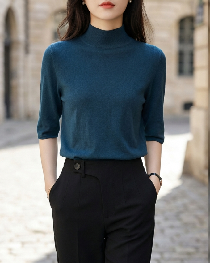 Ribbed High-Neck Short-Sleeve Knit Top