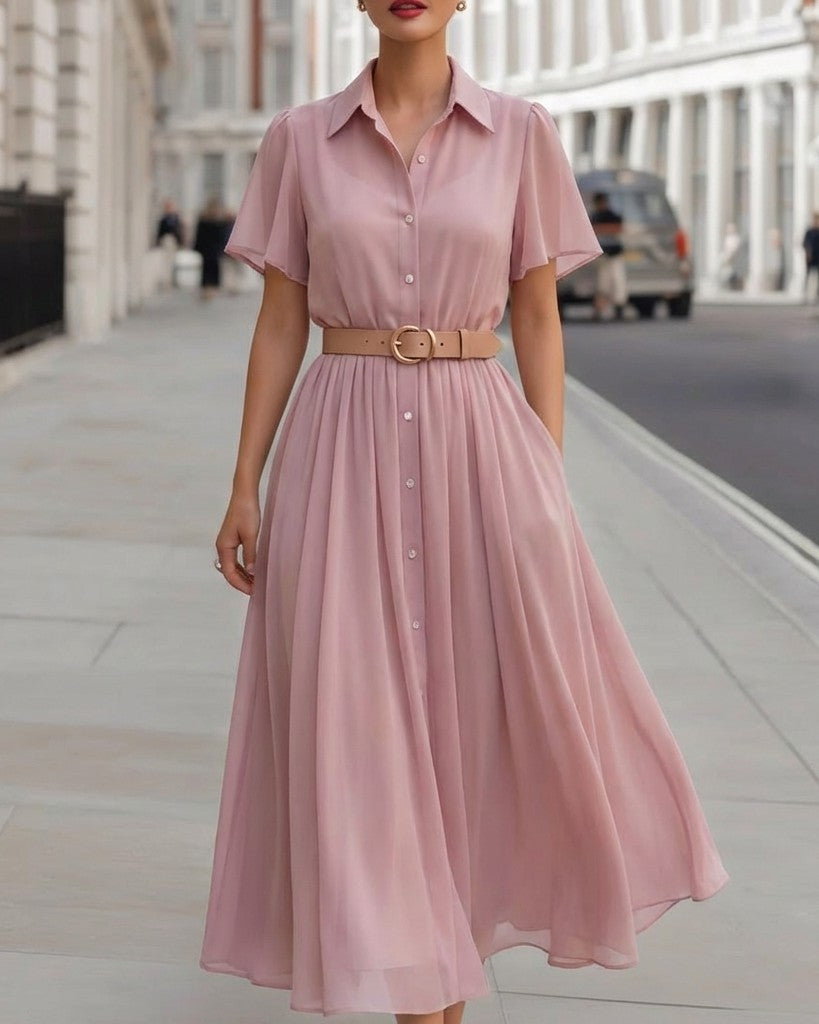 Classic Belted A-Line Midi Shirt Dress
