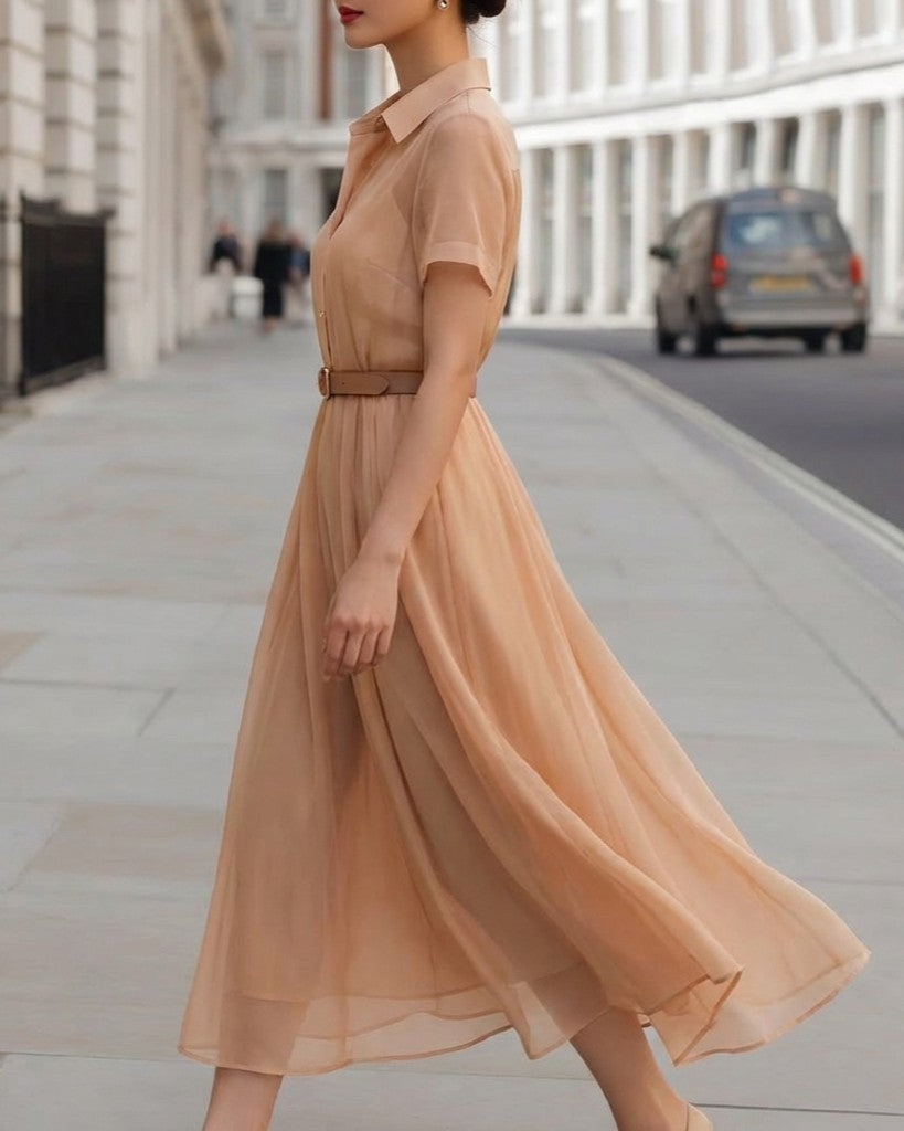 Classic Belted A-Line Midi Shirt Dress