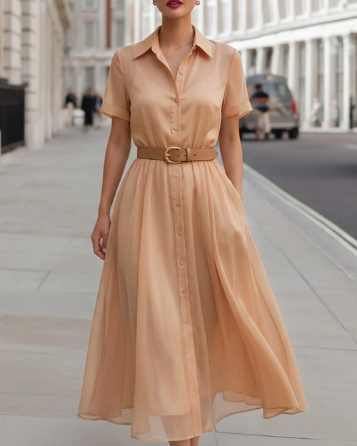 Classic Belted A-Line Midi Shirt Dress