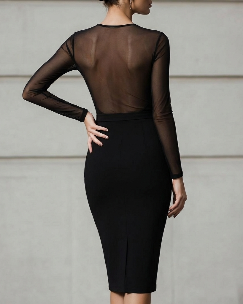 Sheer Mesh Long-Sleeve Sheath Dress