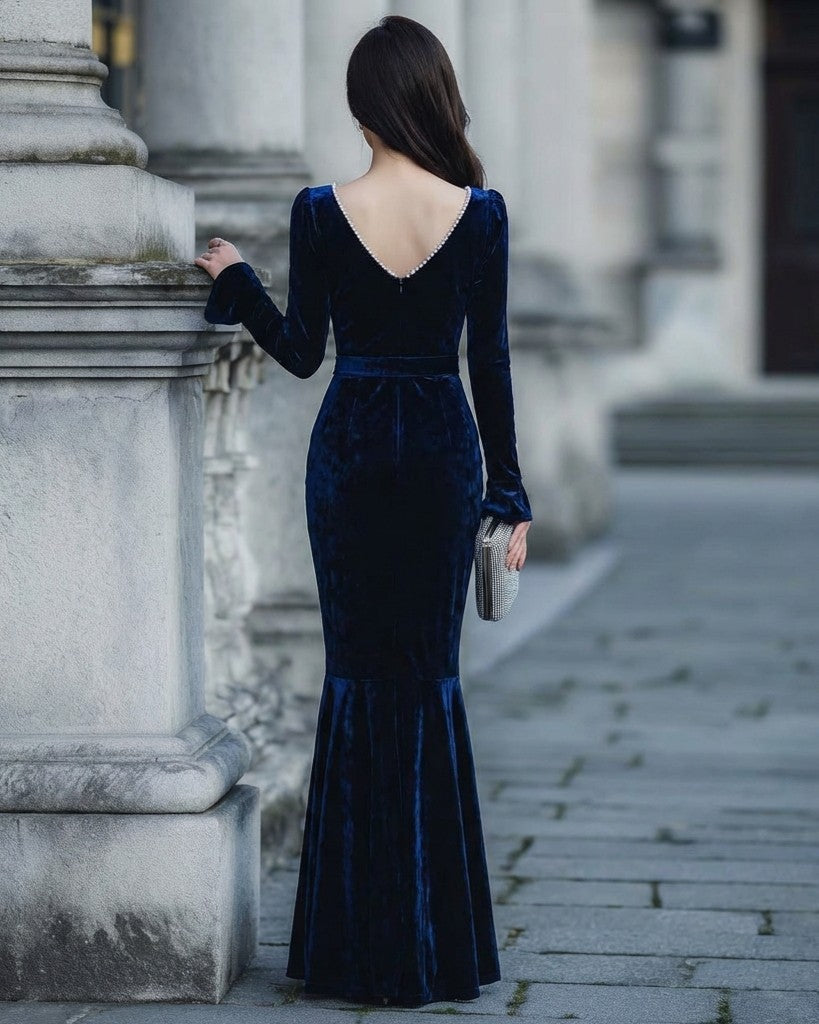 Velvet Square-Neck Long-Sleeve Mermaid Dress