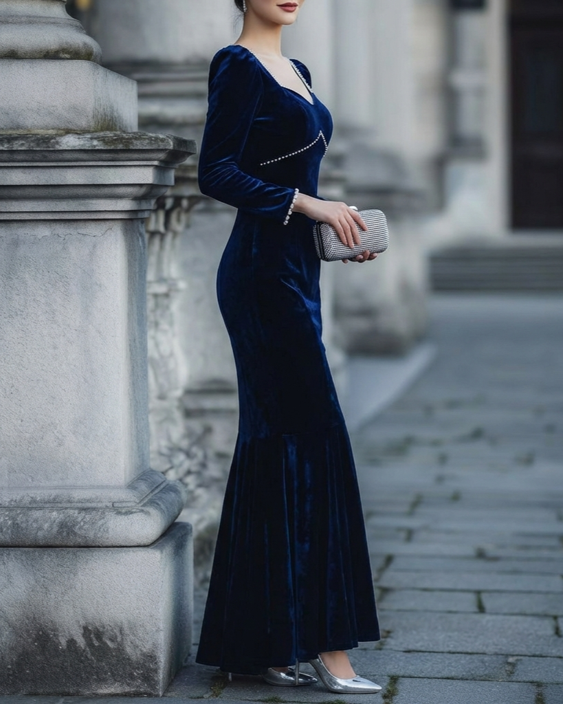 Velvet Square-Neck Long-Sleeve Mermaid Dress