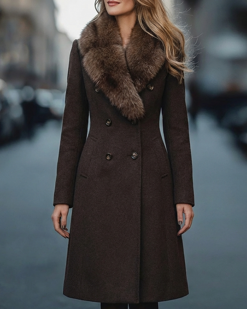 Brown Longline Coat with Faux-Fur Collar & Button Detail