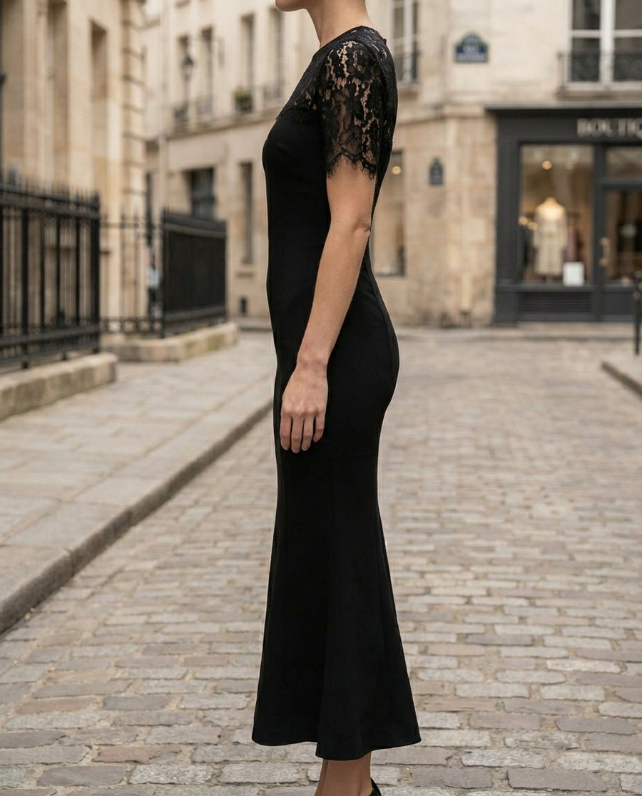 Lace Sleeve Fitted Midi Dress