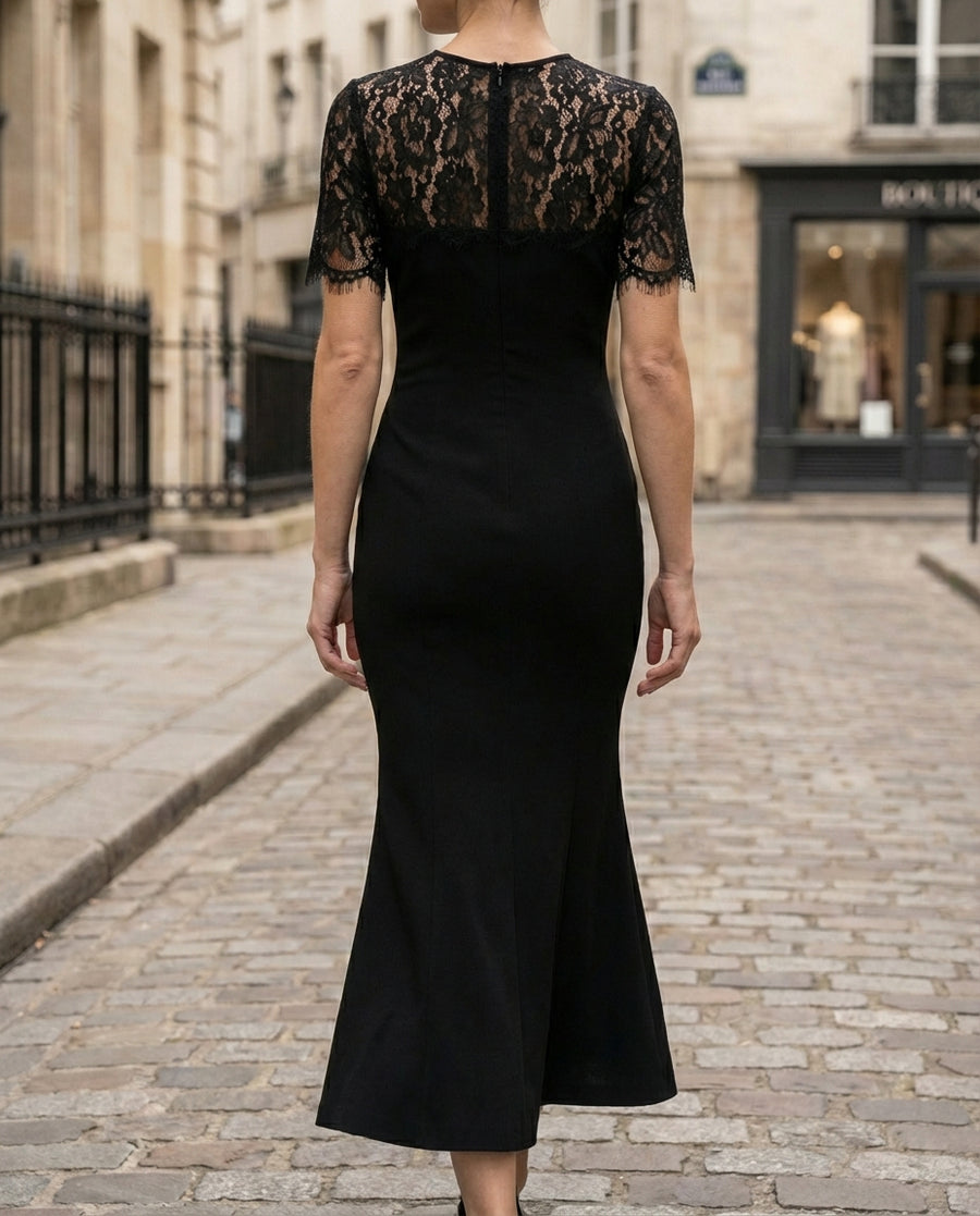 Lace Sleeve Fitted Midi Dress