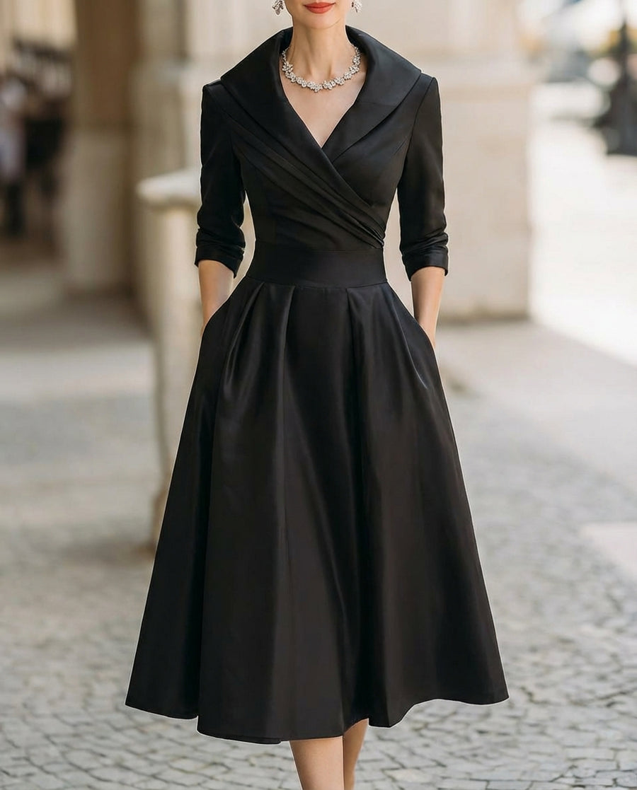 Satin Trench-Collar Wrap Midi Dress with Waist-Defining Band