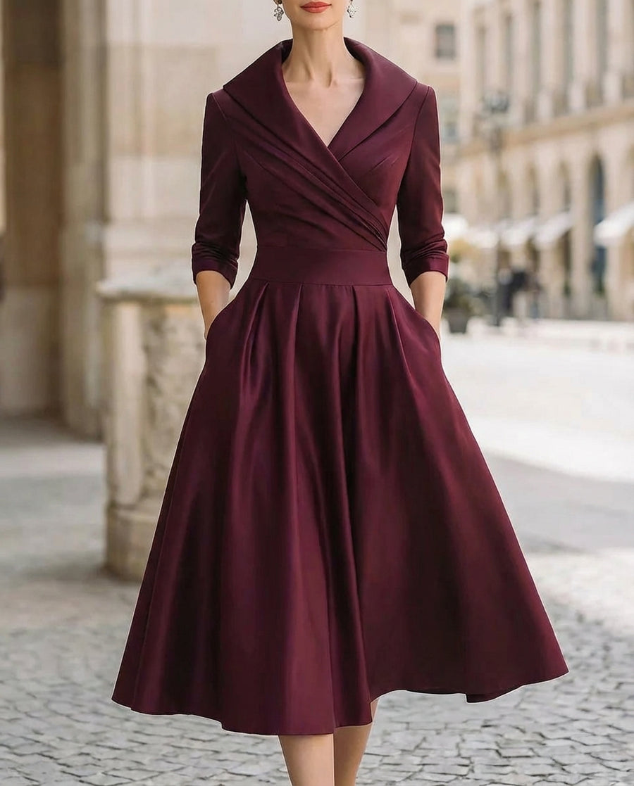 Satin Trench-Collar Wrap Midi Dress with Waist-Defining Band