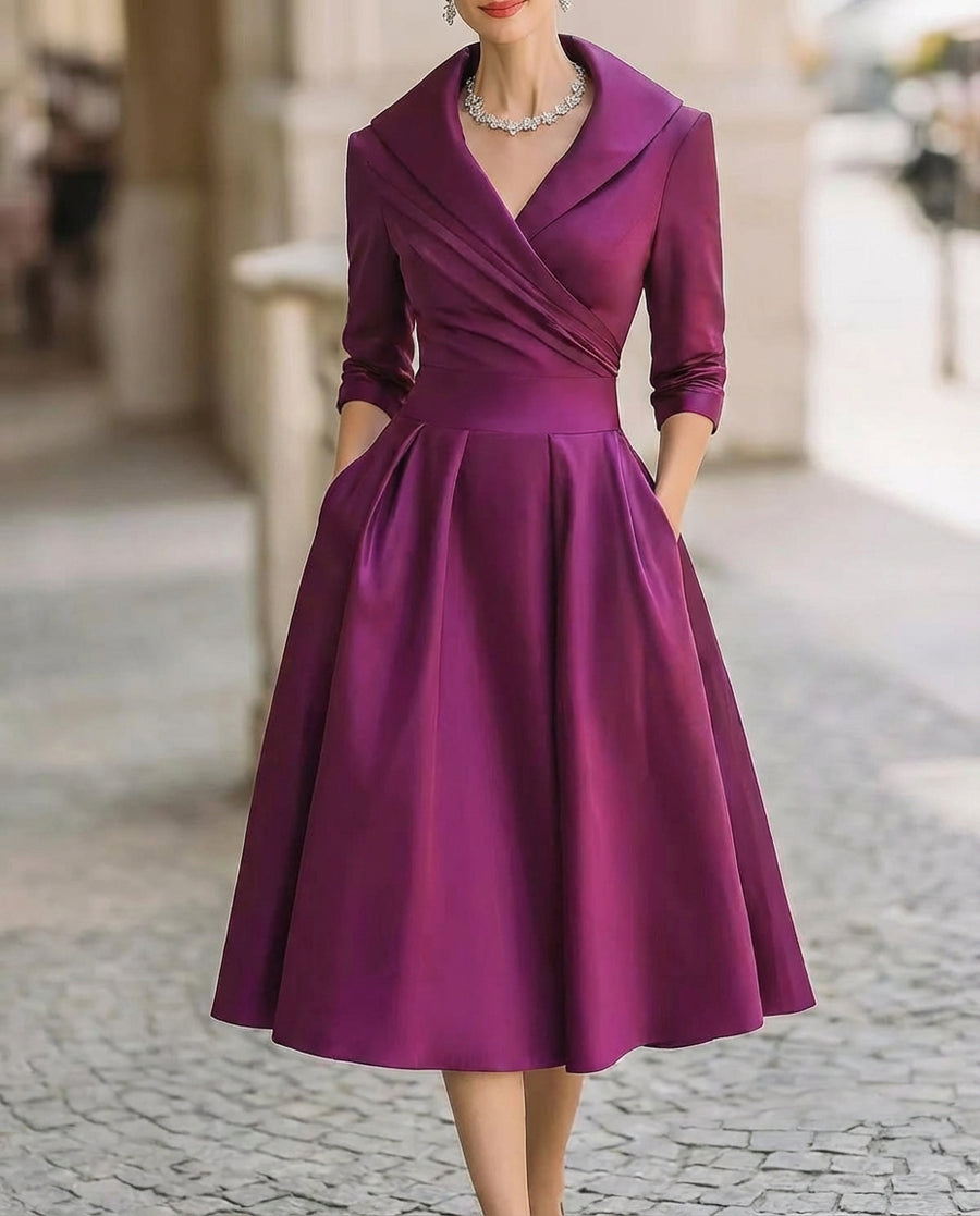 Satin Trench-Collar Wrap Midi Dress with Waist-Defining Band