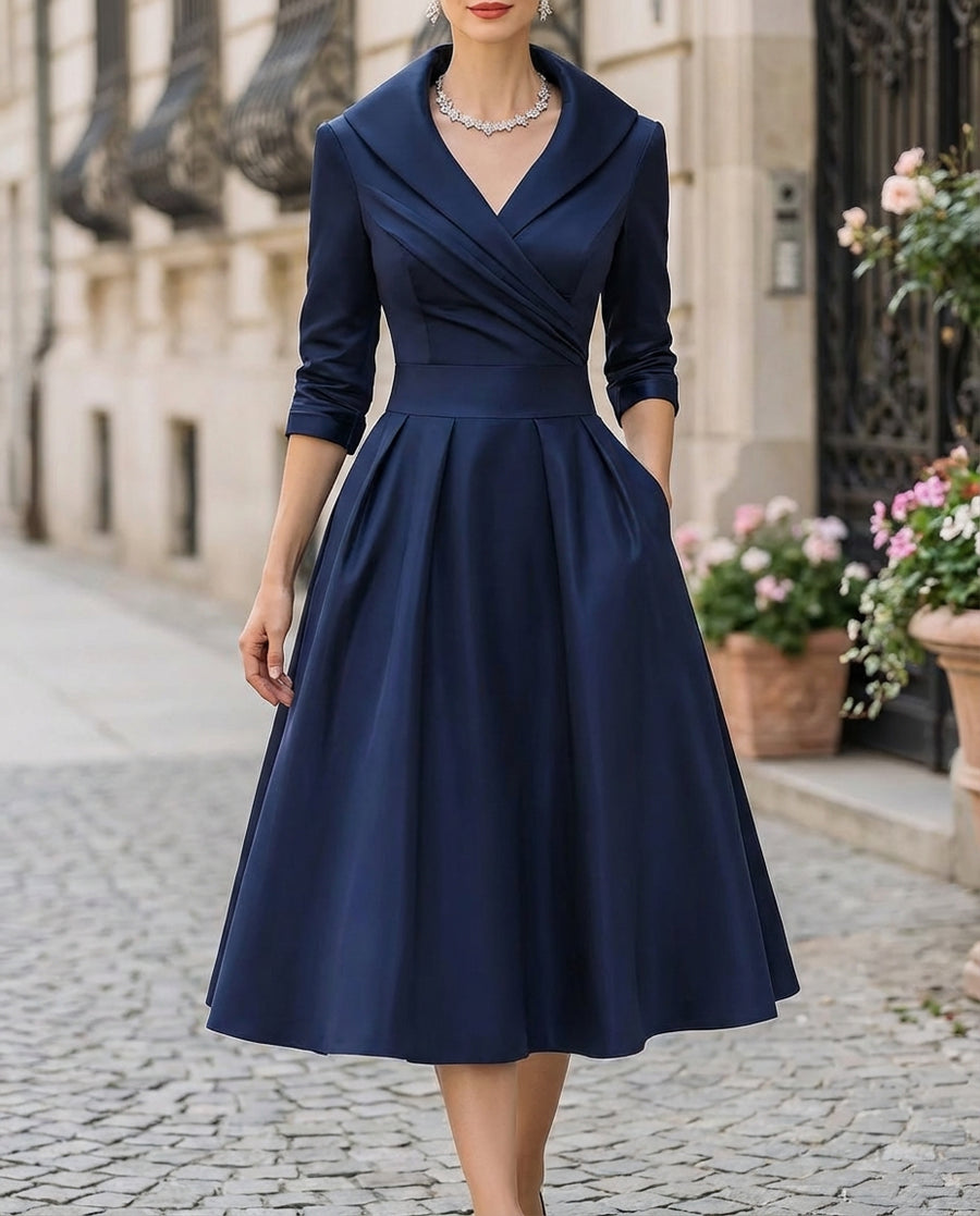 Satin Trench-Collar Wrap Midi Dress with Waist-Defining Band