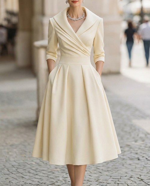 Satin Trench-Collar Wrap Midi Dress with Waist-Defining Band
