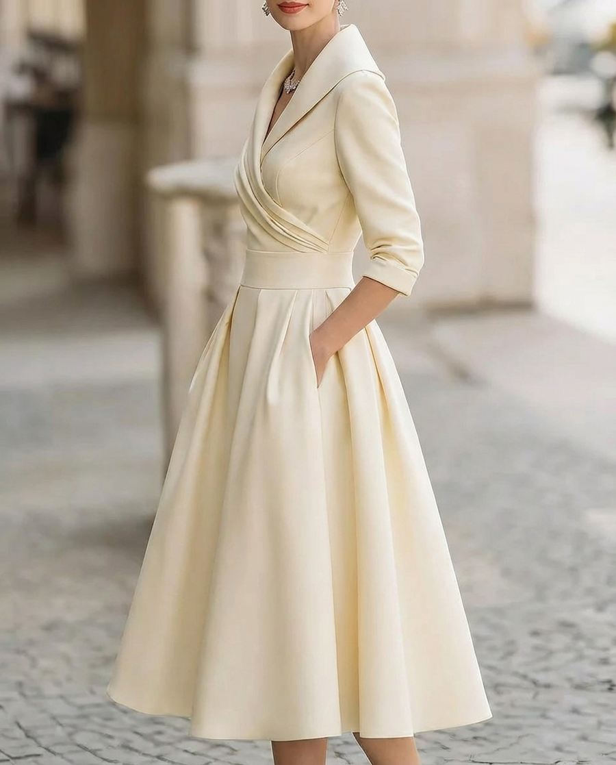 Satin Trench-Collar Wrap Midi Dress with Waist-Defining Band