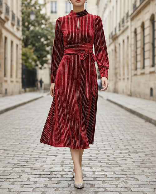 High-Neck Pinstripe Midi Dress With Structured Waist