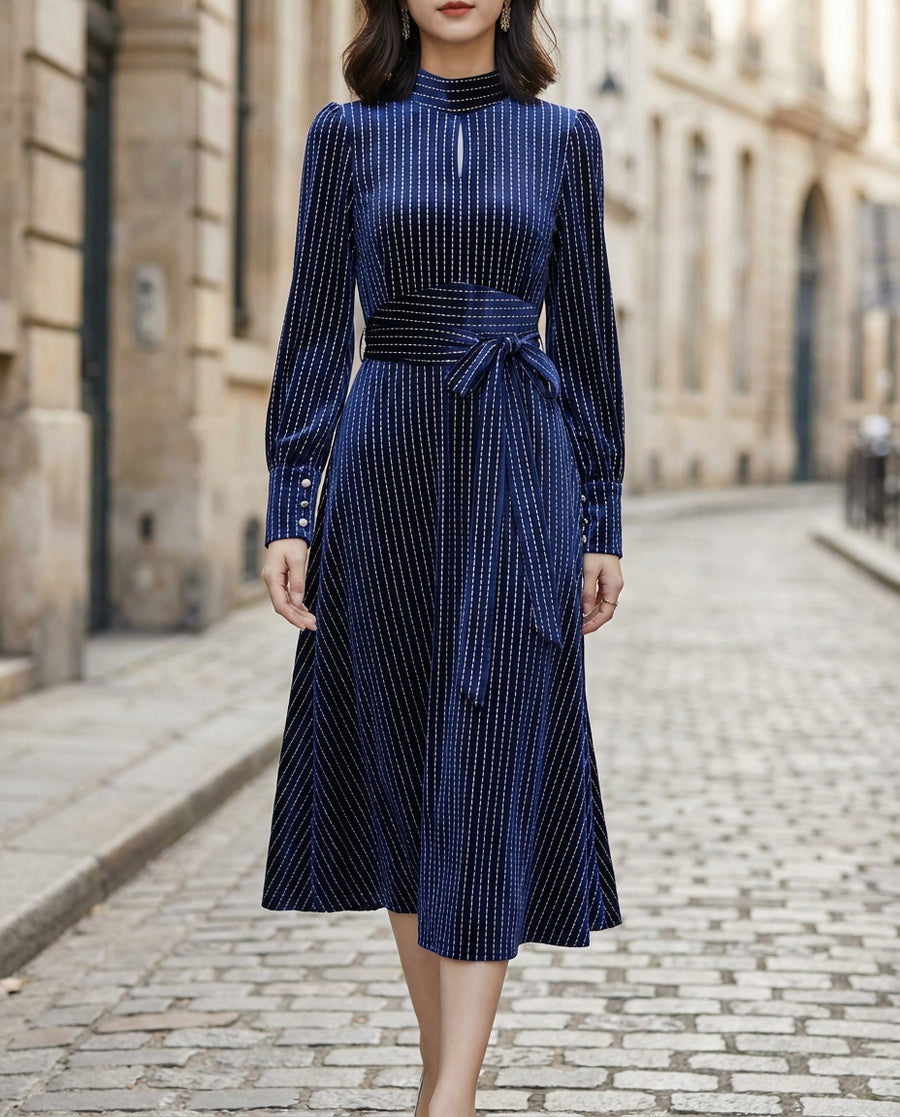 High-Neck Pinstripe Midi Dress With Structured Waist