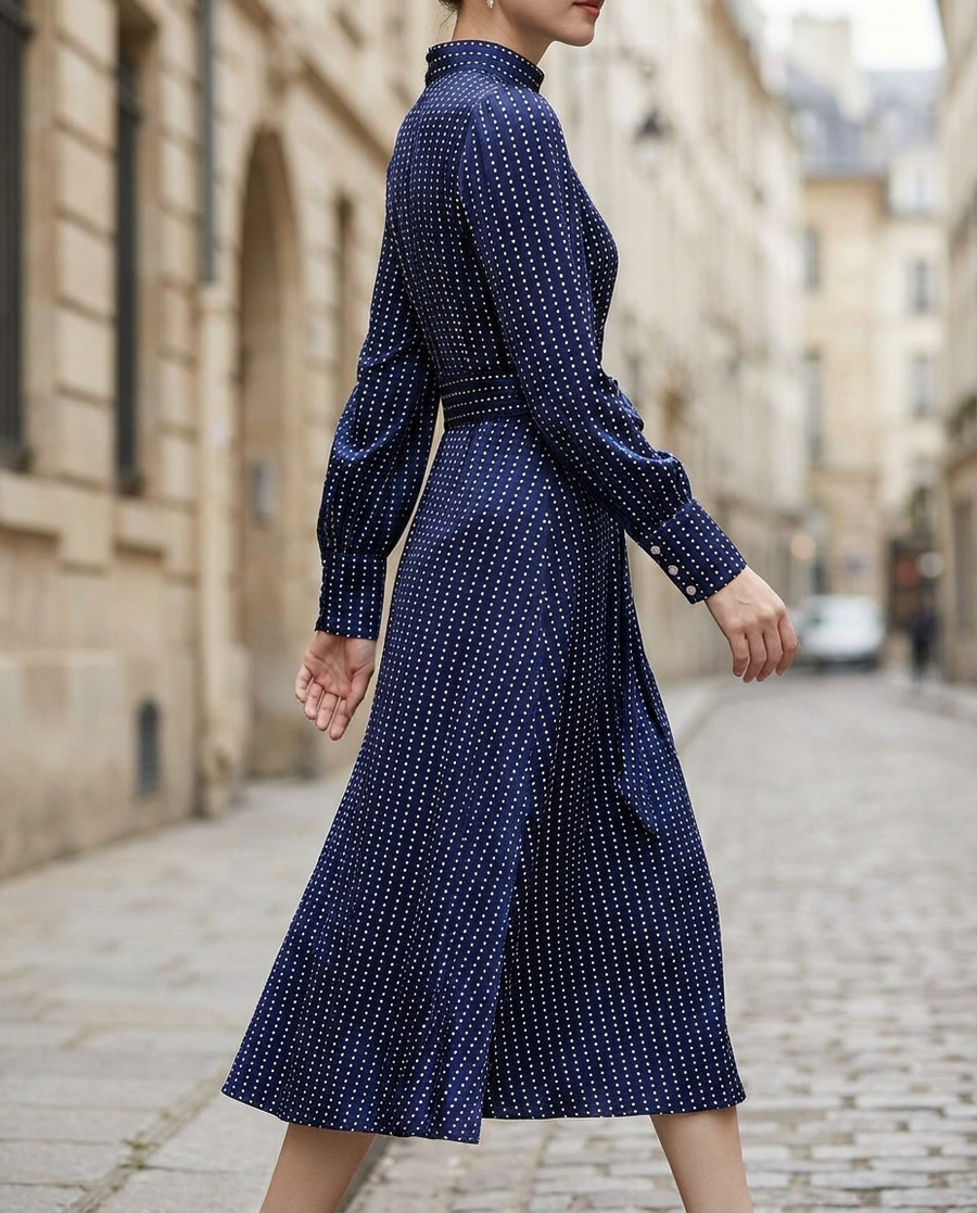 High-Neck Pinstripe Midi Dress With Structured Waist