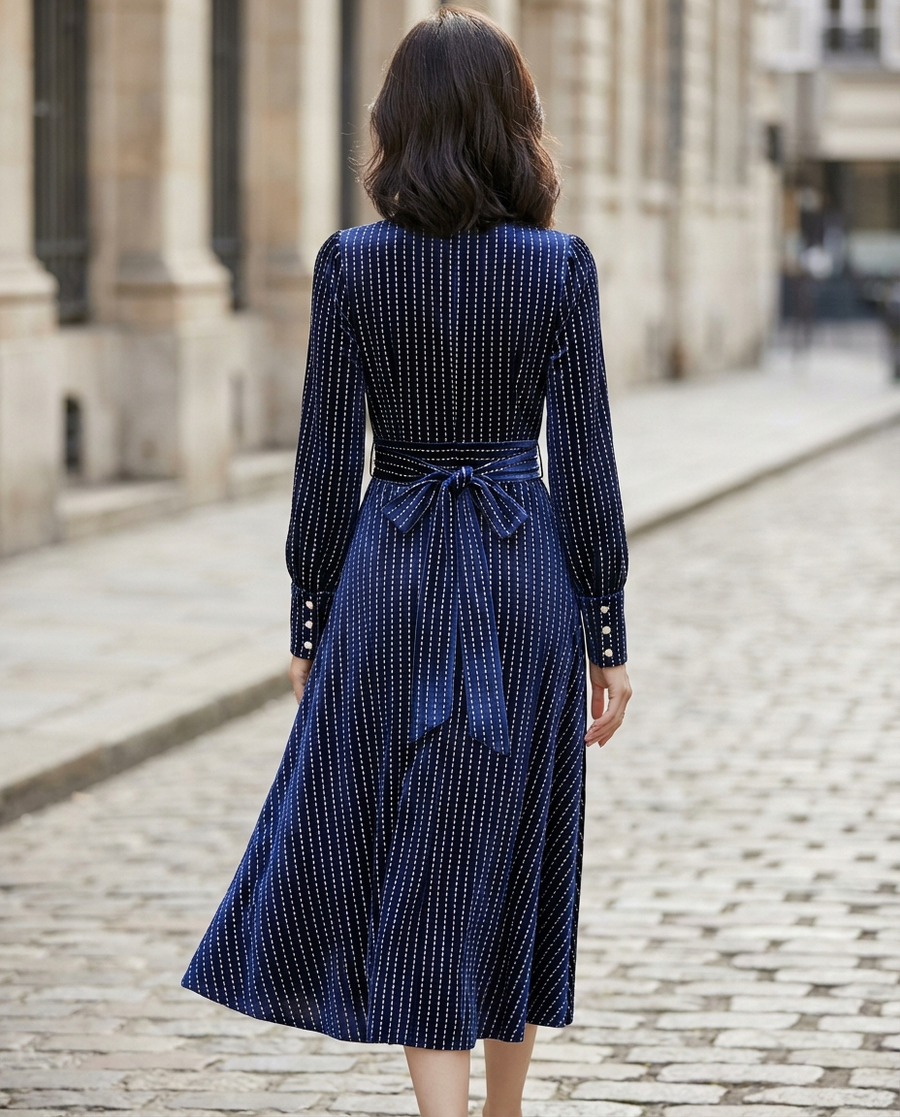 High-Neck Pinstripe Midi Dress With Structured Waist