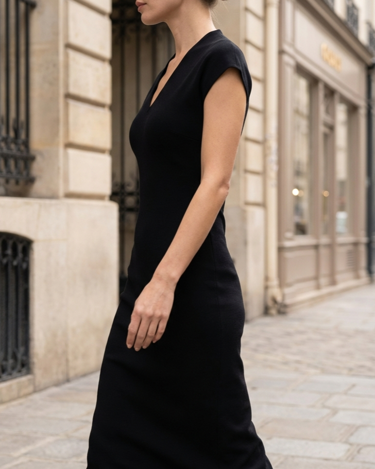 Refined V-Neck Cap-Sleeve Pencil Midi Dress