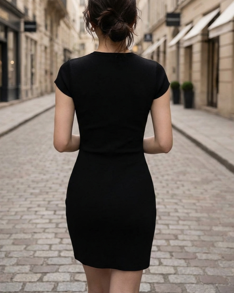 Refined V-Neck Cap-Sleeve Pencil Midi Dress