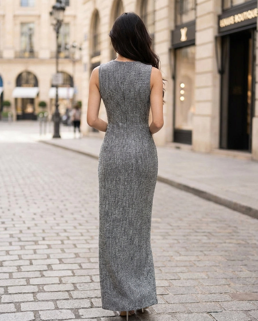 Sculpted Sleeveless Contrast Panel Evening Midi Dress