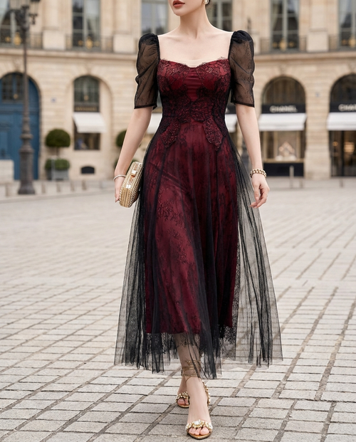 Sheer Puff-Sleeve Lace A-Line Midi Dress