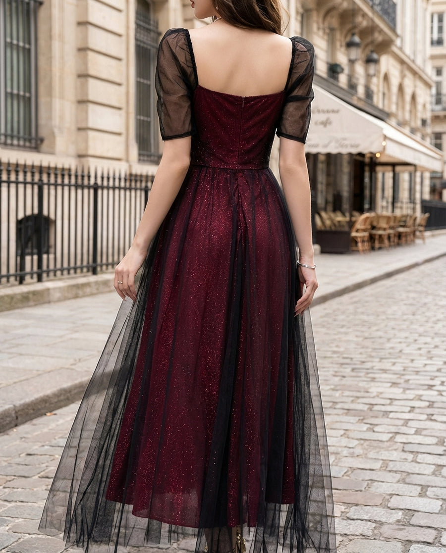 Sheer Puff-Sleeve Lace A-Line Midi Dress