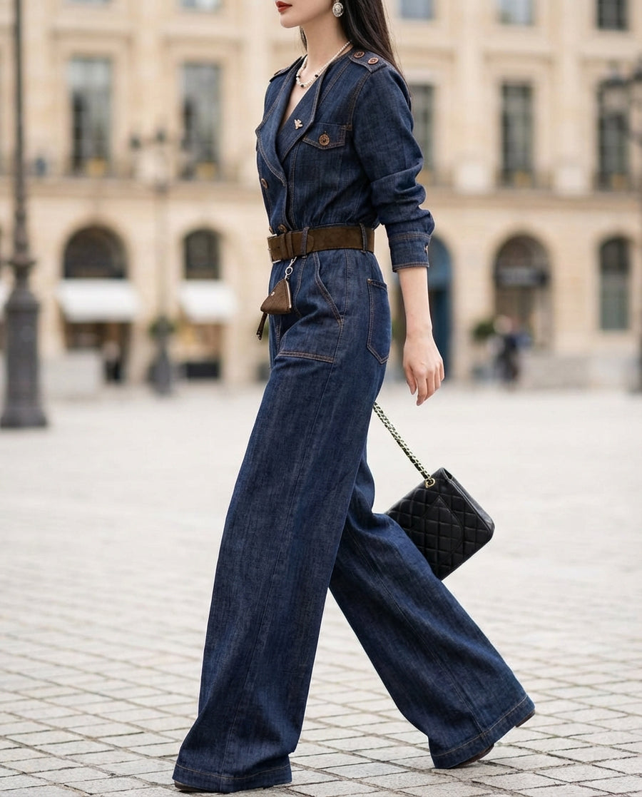 Long-Sleeve Tailored Denim Wide-Leg Jumpsuit