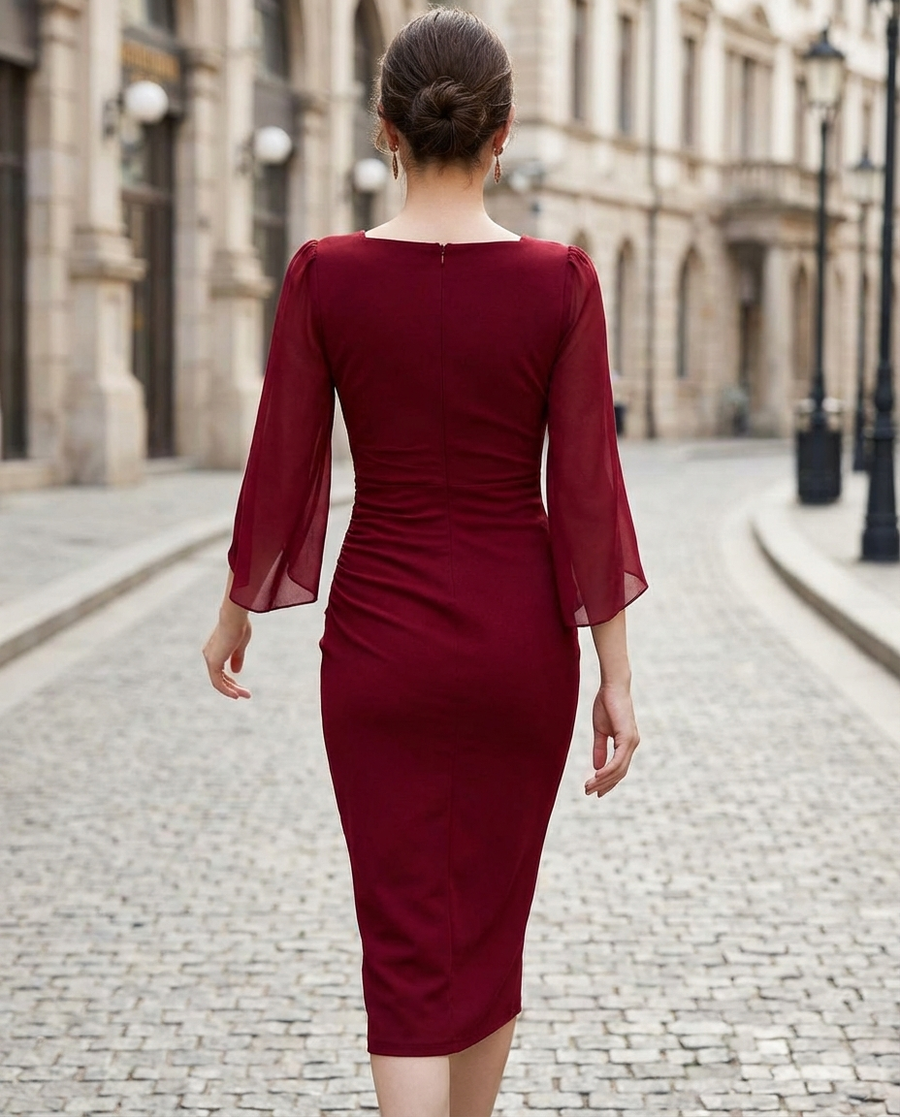Elegant Square-Neck Slit-Sleeve Midi Cocktail Dress