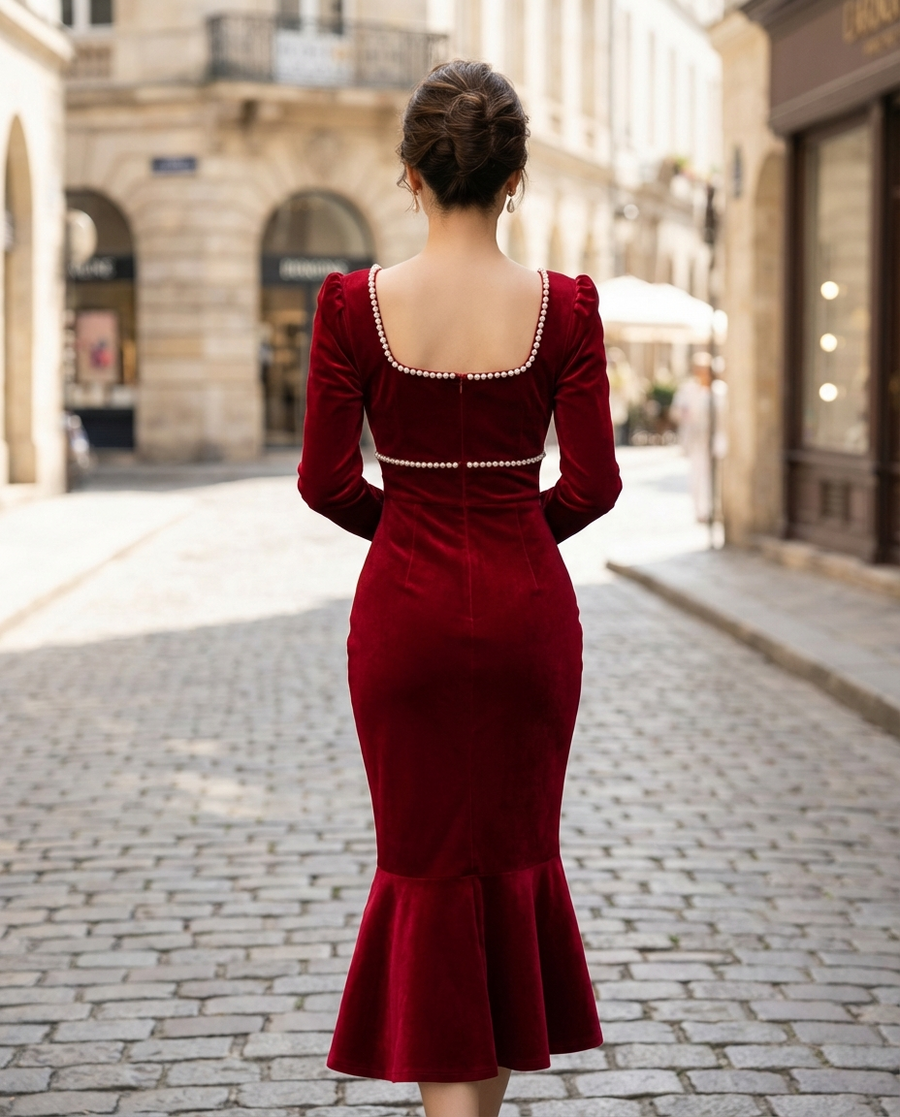 Pearl-Trim Square-Neck Mermaid Midi Dress
