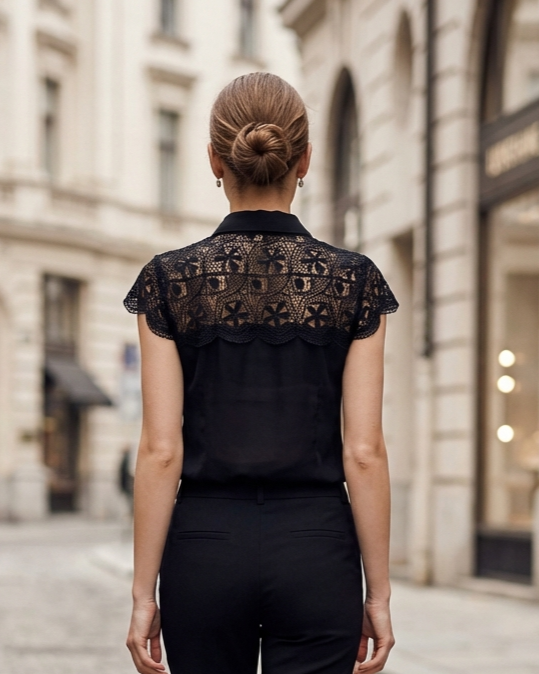 Lace-Yoke Sleeveless Collared Top