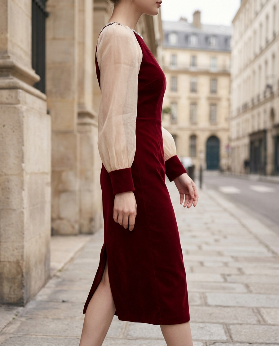 Classic Sheer Sleeve Embellished Midi Dress