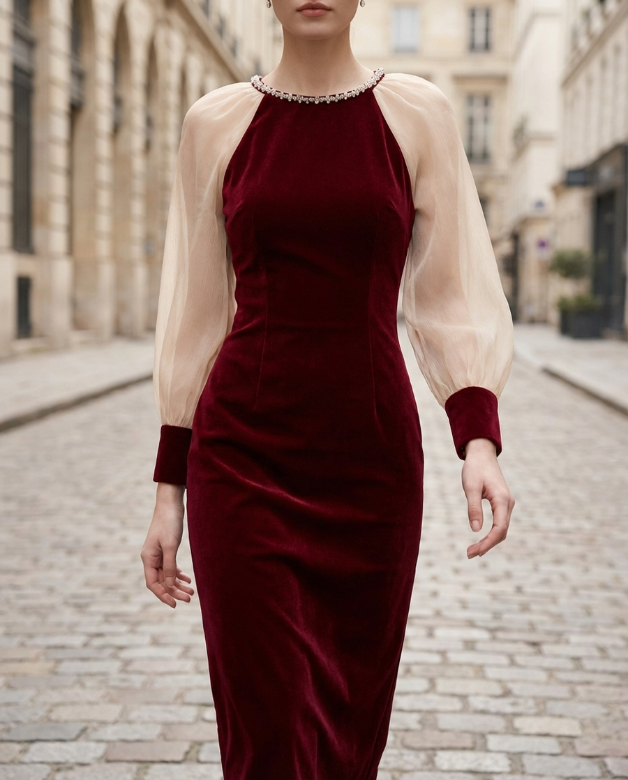 Classic Sheer Sleeve Embellished Midi Dress