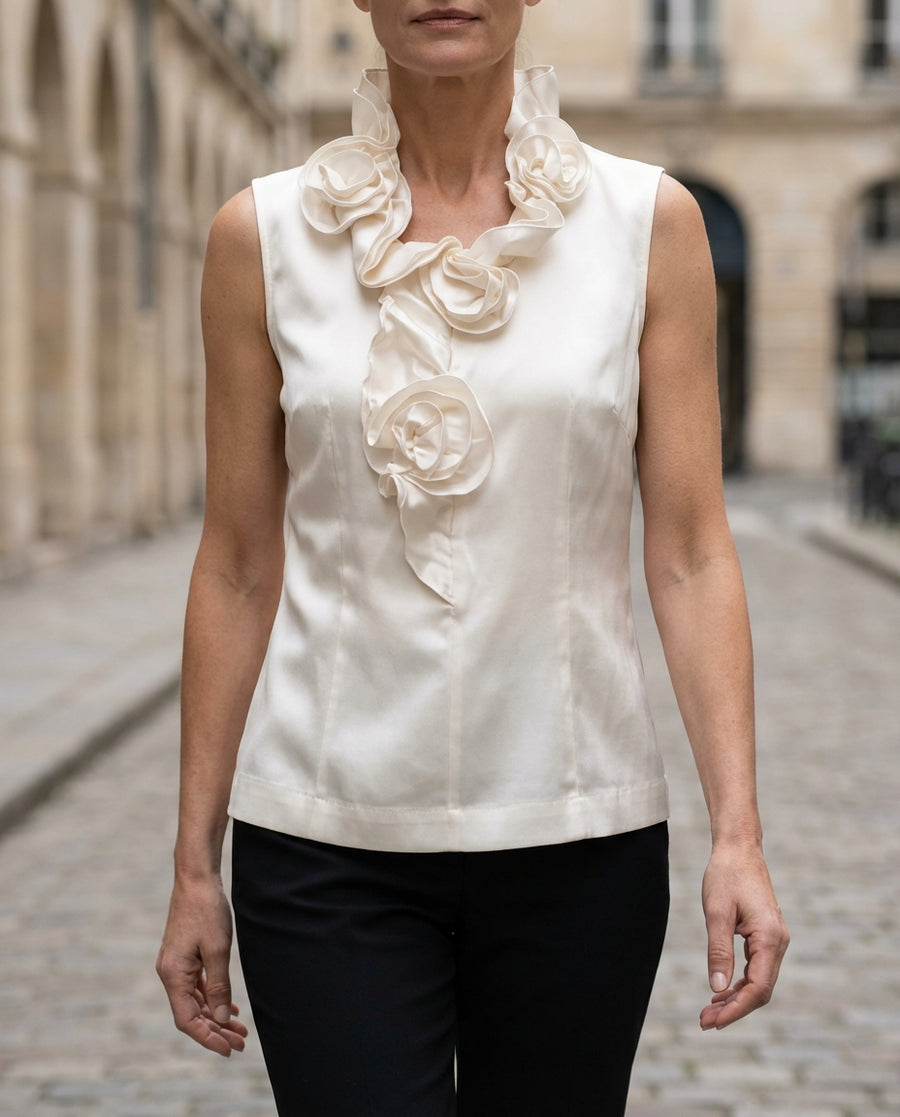 3D Rose Accent White Sleeveless Top - Blouse