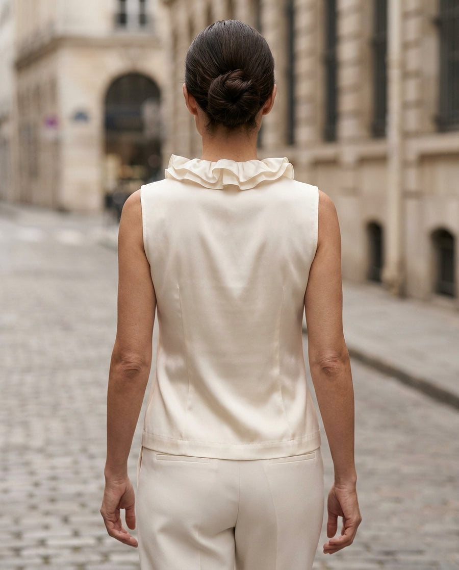 3D Rose Accent White Sleeveless Top - Blouse