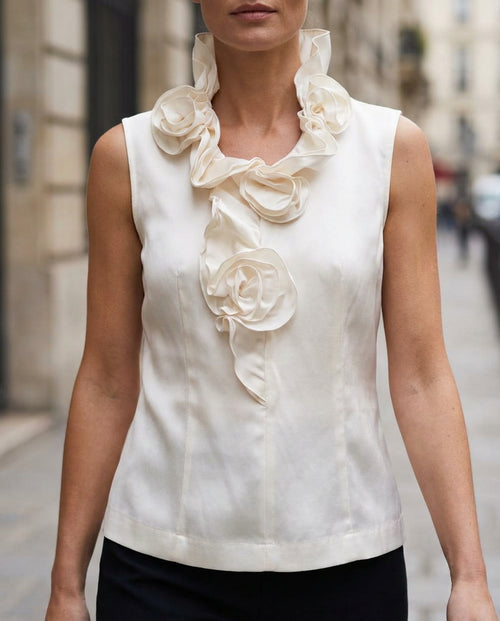 3D Rose Accent White Sleeveless Top - Blouse