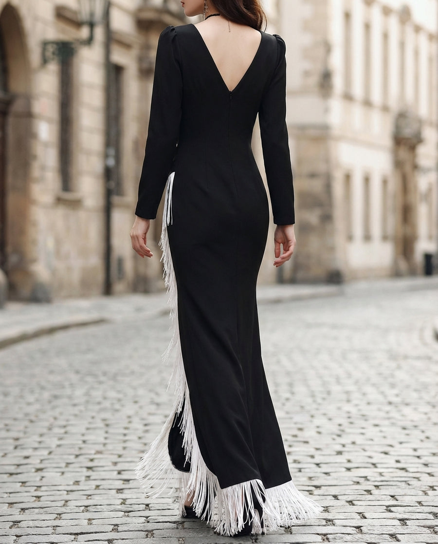 Fringe-Trim Asymmetric Slit Gown