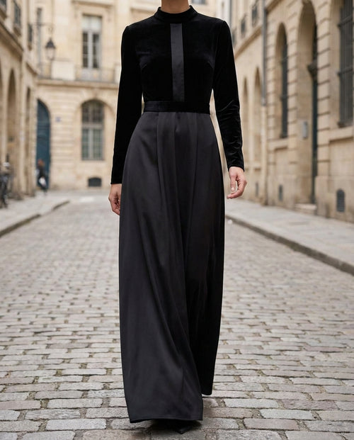 Elegant Black Velvet And Satin Midi Dress