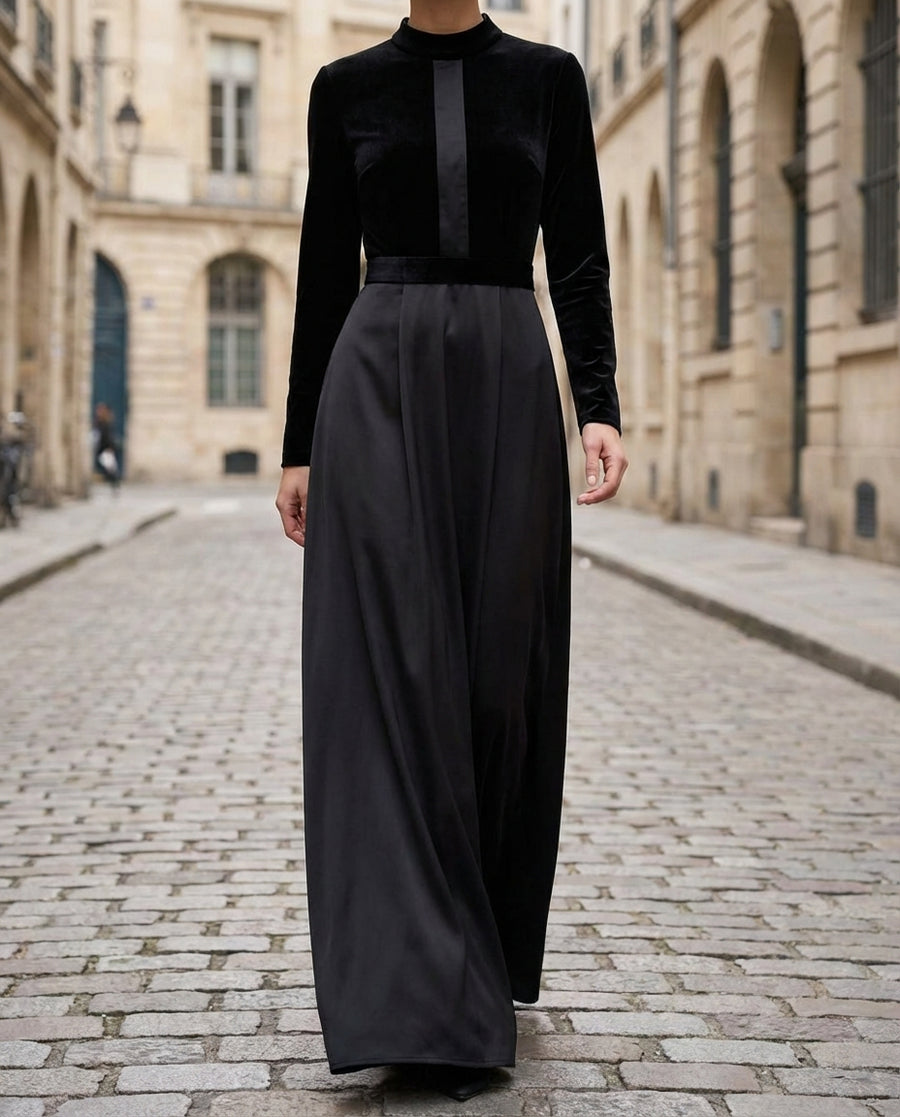 Elegant Black Velvet And Satin Midi Dress